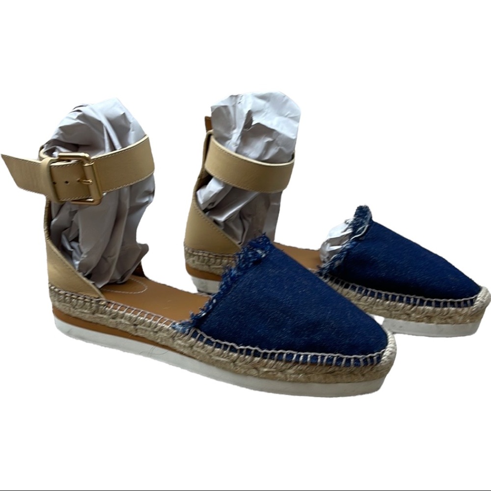 See By Chloe Navy Denim and Tan Espadrille Ankle-Strap Flats - Picture 2 of 11